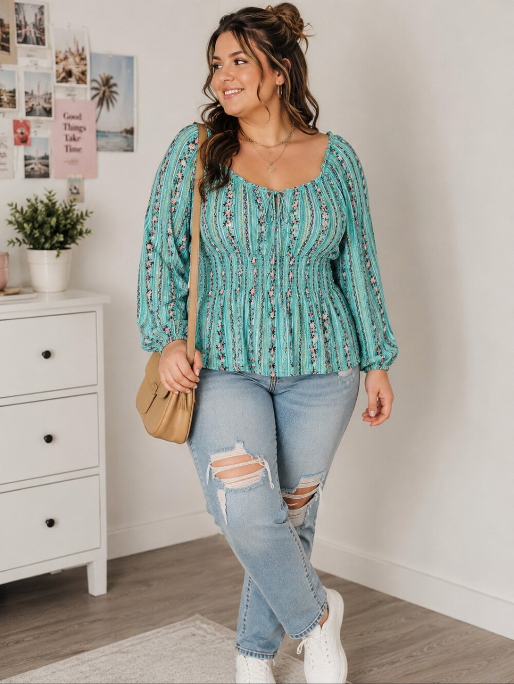 No Boundaries Juniors XXXL 21 Floral Peasant Blouse Smocked Waist Boho Top